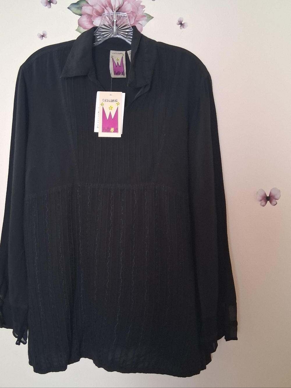 NWT Anthony Original Black Tunic Top Large Embroider Side Slit Flaw Whimsigoth